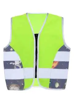 100% polyester. Gilet haute visibilité pour enfants avec motifs galactiques, haute visibilité grâce au tissu léger à motifs avec revêtement réfléchissant et bandes réfléchissantes, fermeture à glissière pratique. certifié selon EN 17353. XXS (3-4 années)  XS (5-7 années)  S (8-10 années)