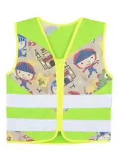 100% polyester. Gilet haute visibilité pour enfants avec motifs de mondes magiques, haute visibilité grâce à un tissu léger à motifs avec revêtement réfléchissant et bandes réfléchissantes, fermeture à glissière pratique. certifié selon EN 17353