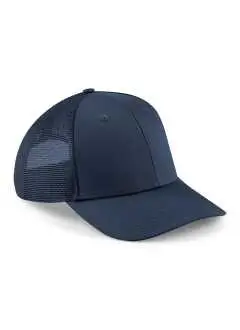 Panneaux avant et visière 85% polyester 15% coton, panneaux arrière en mesh 100% polyester. Casquette 6 panneaux, visière semi courbée, panneaux frontaux structurés, oillets de ventilation. Fermeture réglable snapback. Étiquette amovible.
