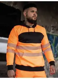 65% coton, 35% polyester. EN ISO 20471:2013/A1:2016, Classe 3, matériaux : STANDARD 100 par OEKO-TEX® , deux bandes réfléchissantes brisées de 5 cm de large autour du corps et des manches , encolure ronde et poignets noirs et côtelés, grande zone d'impression sur la poitrine, capuche avec doublure noire , sac kangourou, le fabricant garantit les propriétés réfléchissantes selon la norme EN pour 25 cycles de lavage à 60°C , équipé d'un code-barres EAN, emballé individuellement dans un poly-sac