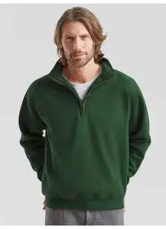 70% coton 30% polyester. Sweat avec manches raglan, ¼ Zip au col, intérieur gratté. Étiquette amovible. (Col. 30/94: 260 g/m²).