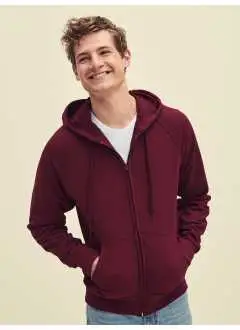 80% coton Fil Belcoro, 20% polyester. Sweat léger et non gratté, manches raglan. Bas et poignets en côte coton/Lycra®. Capuche avec cordon plat à la teinte, deux poches ventrales kangourou, zip caché pour faciliter l''impression. La couture centrale de la capuche s'arrête à mi-chemin pour permettre la personnalisation.