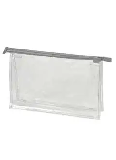 100% plastique, matière transparent 0,25 mm. Sac transparent avec fermeture zippée et bordure en gris. Volume: 2 litres. Taille: 27 x 17 x 7 cm. Sérigraphie possible sur le devant, 1 couleur, 15 x 8 cm.