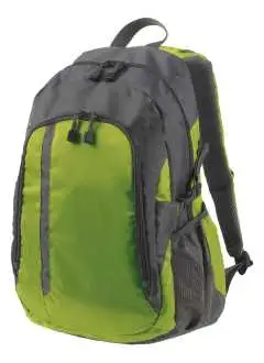 100% Nylon 420d & Jacquard. Zaino con ampio scomparto principale con divisore, tasche laterali in rete e cinturini, ampia tasca anteriore con cerniera e scomparti. Dimensioni: 31 x 48 x 16 cm, capacita' 21 litri, area di stampa: 10 x 10  cm.