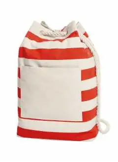 100% algodón. Mochila con nueva decoración a rayas, espaciosa con espalda dura, gran bolsillo frontal con cierre de velcro, ojales decorativos y correa para el hombro en grueso cordón de algodón. Área de impresión en el bolsillo frontal: 17 x 13 cm. Dimensiones: 30 x 48 x 15 cm. Capacidad: 22 litros.