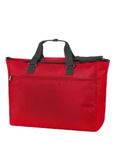 Poliéster rPET 600d/PU. Todos los materiales de acuerdo con las últimas especificaciones de la UE y la última lista REACH SVHC. Libre de PVC. Tamaño aprox. largo 50/67 cm, alto 38 cm, profundo 20 cm. Bolsa moderna y ligeramente acolchada, material exterior rPET, gran compartimento principal con cremallera bidireccional, bolsillo frontal con cremallera, compartimento plano interior con cremallera, correa de hombro ajustable en ambos lados con hombrera cosida, asas con cierre de botón a presión. Capacidad: 36 l.