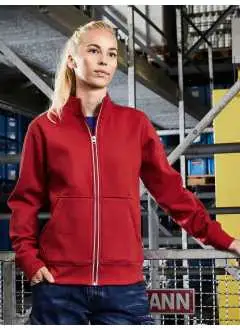 55% polyester 45% coton. Sweat en tissu à deux couches, extérieur coton single jersey, intérieur polaire, fermeture zippée frontale réfléchissante (sans fonction de protection / sans EPI), poche kangourou avec fermetures cachées YKK, taille et poignets élastiques, taille légèrement cintrée.