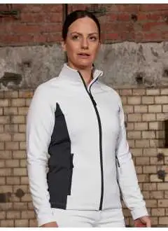 93% poliestere, 7% elastan. Giacca da donna in pile elasticizzato, in materiale caldo e traspirante, lato esterno liscio, interno felpato, zip lunga con protezione per il mento, collo alto, maniche raglan, 2 tasche laterali con zip, 2 tasche interne, zip: YKK