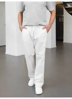 65% poliéster 35% algodón, 200 g/m2. Pantalones con cintura elástica ajustable con cordón, corte recto, 2 bolsillos laterales. Lavables a 95°C.