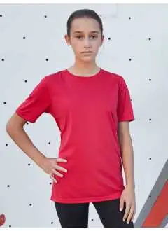 100% poliestere. T-shirt per tempo libero e sport single jersey con parasudore, cuciture doppie su spalle, collo e giro manica, traspirante, con regolazione umidità, asciugatura rapida. Tessuto esterno (150 g/m²). Manica corta, collo rotondo.