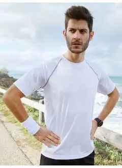 100% poliestere. T shirt uomo per fitness e sport Transpirante e con regolazione umidità, Asciugatura rapida, leggera e confortevole, Maniche raglan, collo rotondo, Contrasto cuciture piatte sul davanti e sul retro. Tessuto esterno (130 g/m²).