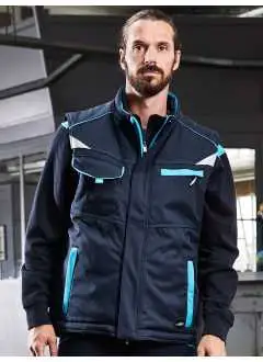 100% polyester. Bodywarmer workwear robuste et résistant, coupe-vent et imperméable, respirant et perméable à la vapeur d'eau, col montant avec intérieur polaire, partie rallongée dans le dos, fermeture éclair sur la longueur avec rabat coupe- vent et protège- menton, poches latérales zippées, poche poitrine avec rabat velcro, et poche poitrine zippéee, ouverture jeannette pour marquage au dos, boutons et fermetures à glissière cachés.