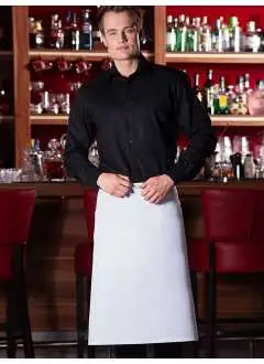65% polyester, 35% coton. Tablier de bistro avec ruban continu fait du même tissu que le tablier, avec coutures renforcées. Laver à 60 °C. 100x75cm