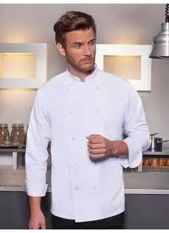 65% polyester, 35% coton. Veste de cuisine unisexe  en tissu sergé, coupe régulière, poignets avec fente, poche poitrine, 10 boutons pression. Lavable à 60°C.
