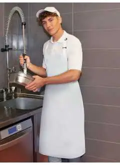 100% polyester, enduit de polyuréthane (PU), 110 g/m². Tablier à bavette résistant à l'eau, lacets du même tissu que le tablier, revêtement PU, lacets réglables par boucle et résistants grâce aux coutures renforcées. Dimensions : 72 x 86 cm.