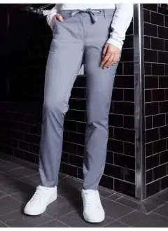 59% algodón, 39% poliéster, 2% elastán. Pantalón de trabajo informal para mujer, ligero, tejido elástico, corte ajustado, cintura flexible con elástico y cordón, dobladillo estrecho, 2 bolsillos laterales y 2 traseros con botones, trabillas.