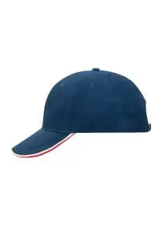 100% coton. Casquette 6 panneaux avec double sandwich. 6 oillets d'aération brodés, 6 surpiqûres sur la visière, dessous de la  visière contrasté, Panneaux frontaux renforcés, Bande de transpiration doublée en satin, Fermeture clip métallique, avec oillet et lisière contrastés, Marquage conseillé: broderie, coton brossé lourd.