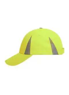 100% poliestere. Safety cap con 4 fori di ventilazione ricamati, 6 cuciture decorative sulla visiera, inserti riflettenti sui pannellli, pannelli frontali laminati, chiusura in velcro, taglia unica.