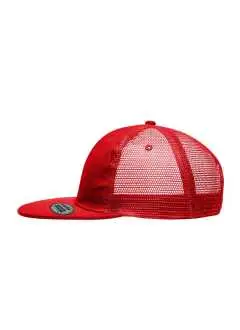 Filet: 100% polyester, Visière et panneaux frontaux: 100% coton. Casquette filet 6 panneaux visière plate, 6 surpiqûres et autocollant sur la visière, 6 oillets d'aération brodés, Bande de transpiration doublée en coton, Marquage conseillé : broderie, Fermeture 'click & snap' pour réguler la taille, coton brossé.