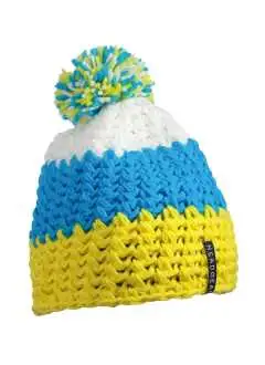 100% poliacrilico. Berretto lavorato a maglia a 3 colori con pompon Struttura a rete grossa, Fatto a mano, Confortevole grazie ad una fascia in pile all'interno, Peso: app. 115 g. Fodera in fleece, policromo.