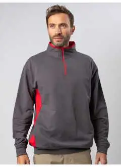 100% cotone. French terry. Felpa mezza zip bicolore parte interna del collo, fianchi, interno tasca e cerniera di colore contrastante. Struttura con cuciture laterali, maniche set-in.