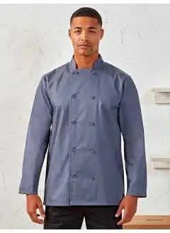 65% polyester 35% coton sergé. Veste de chef unisex à manches longues Easy Care, fermeture avant par 10 solides boutons en résine de haute qualité. Lavable ò 60°C.