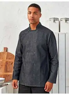 60% coton 40% polyester. Veste de cuisine à manches longues unisexe avec fermeture croisée sur le devant.  Dix boutons pression pour une veste simple et facile à porter. Col Mao avec surpiqûres. Lavable à 60°C.