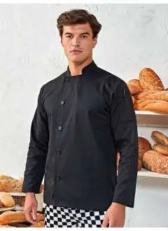 65% poliestere, 35% cotone twill. Giacca da chef resistente a maniche lunghe, chiusura con 5 bottoni, bottoni in resina di lunga durata, tasca doppia per penne, colletto alla coreana.