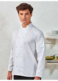 65% polyester, 35% coton twill. Veste de chef à manches longues. Dos Coolchecker®, poche stylo double, col mao, fermeture par boutons.